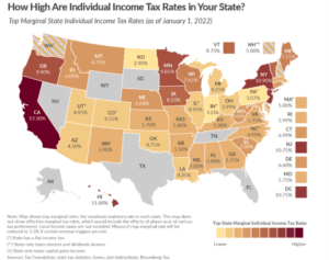 Map of the US states with the various tax rates printed on it